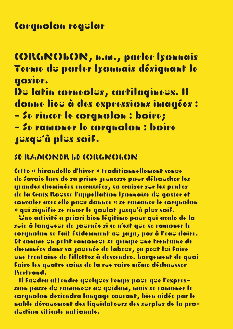 visuel jaune avec texte noir et les glyphes réalisation typographique Thomas Hauck