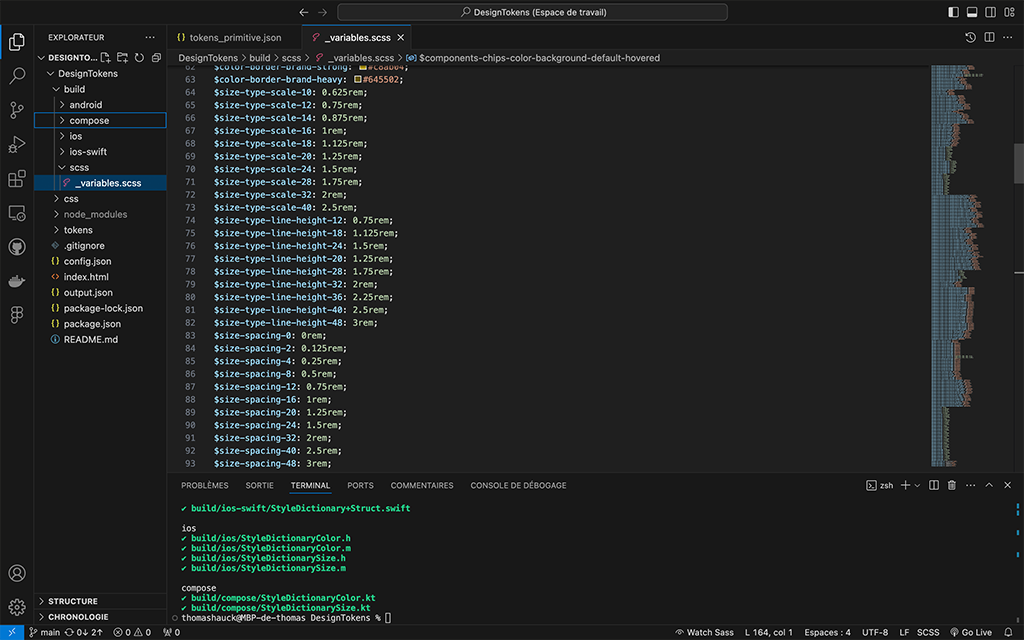 Capture d’écran du fichier _variables.scss. Ce fichier reprend toutes les variables définies dans Figma